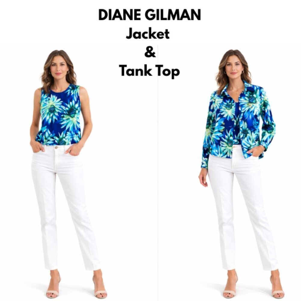Diane Gilman Floral Jean Jacket & Matching Tank Set - M Rhinestone Stretch